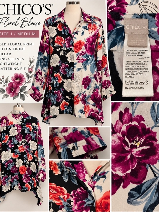 Chico's Tops - Chico’s Floral Colorblock Button Front Blouse Tunic Size 1 Medium